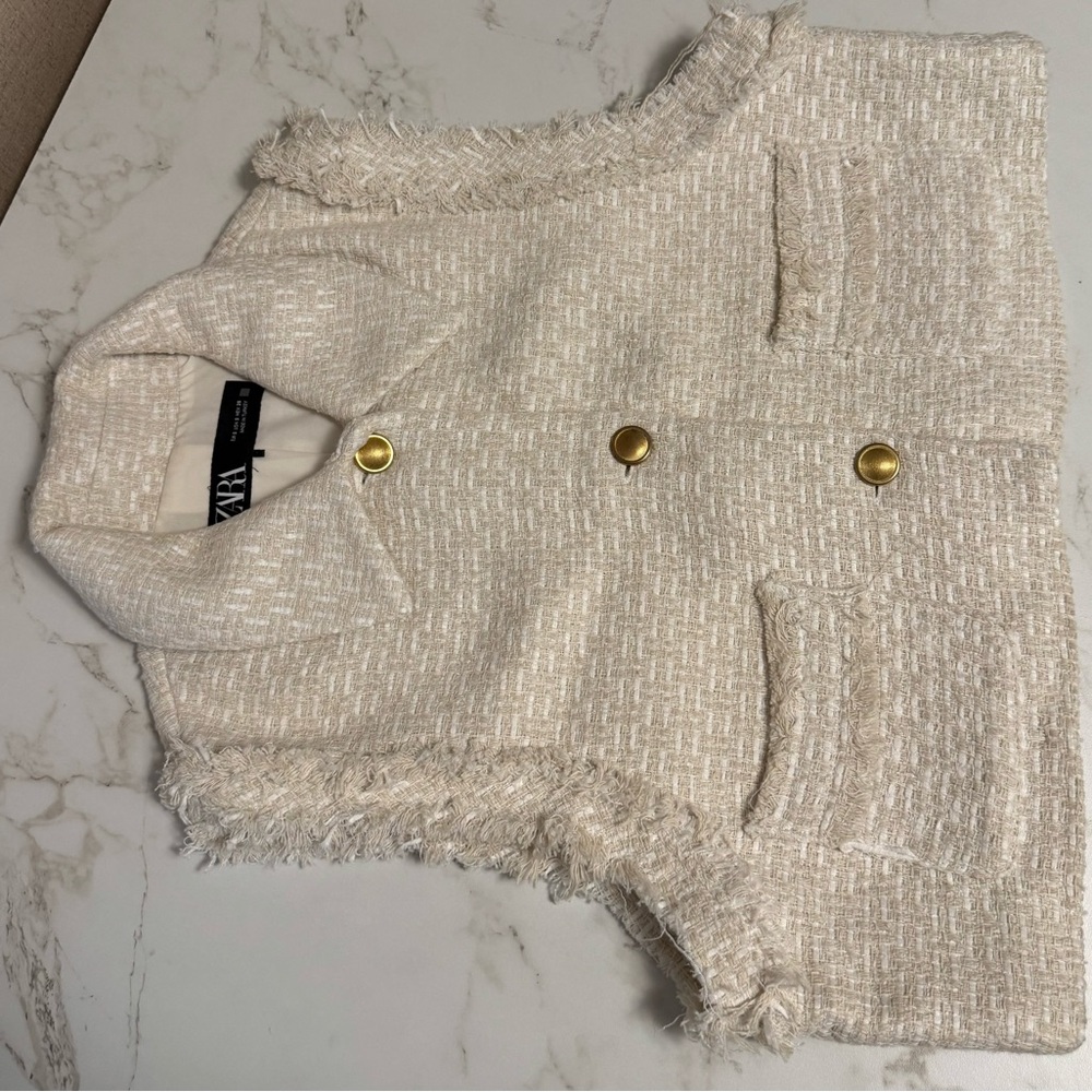Zara Beige Tweed Vest with Gold Accents